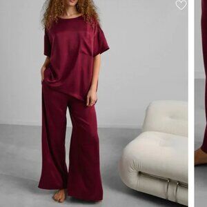 LUNYA Washable Silk Tee Pant Set 100% Silk, Calliope Wine